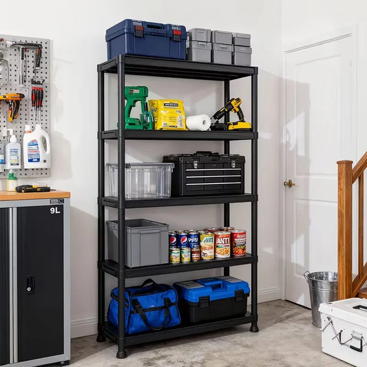 5-Layer Black Plastic Storage Rack Heavy Duty Adjustable Shelving Unit Sturdy Organizer for Home Kitchen Basement Garage Utility
