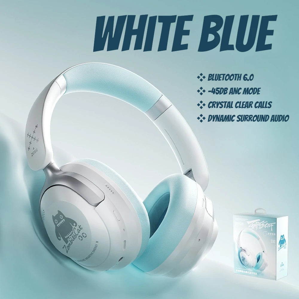 Zombies Cat S10 ANC Bluetooth Headphones -45dB Active Noise Cancellation Headset Immersive Stereo Over-ear Wireless Earphones