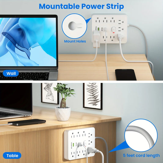 power strip Power Outlet with Surge Protector, 9 ac, 3 USB Ports, 5-Foot Extension Cord, Quick Charge, for Home and Office