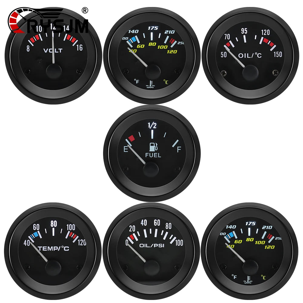 52MM Oil Pressure Gauge Water Temperature Oil Temp Voltmeter Fuel Level Meter with Bracket Pod Holder For 12V Universal Vehicle