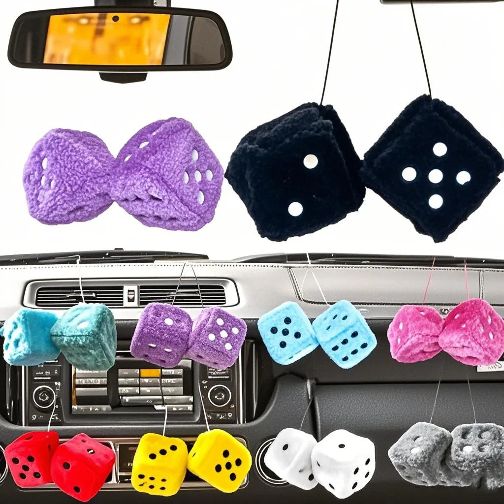 Fuzzy Plush Dice for Car Mirror Pair of Retro Pink Dice with White Dots for Car Interior Hanging Ornament Decoration