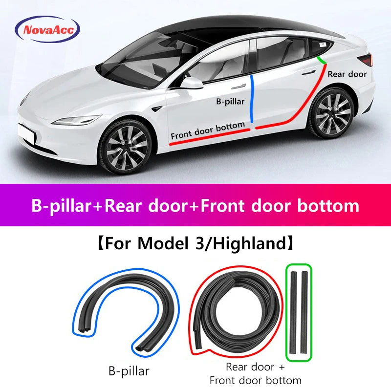 NovaAcc Noise Reduction Sealing Strip For Tesla Model Y 3 Front Rear Door Instrument Panel Trunk Waterproof Dustproof Rubber