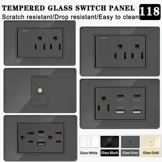 118 Series 118*75mm Tempered Glass US Thai Wall Socket Dual USB Type-C Ports Light Switch Smart Home Appliance 110V Home Office