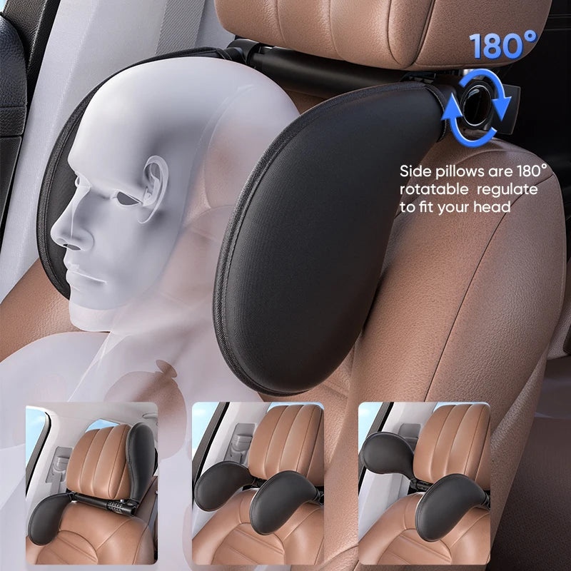 Ergonomic 360° Adjustable Auto Cervical Pillow with Memory Foam & Side Pads One-Click Sleep Headrest for Car Travel BMW Benz