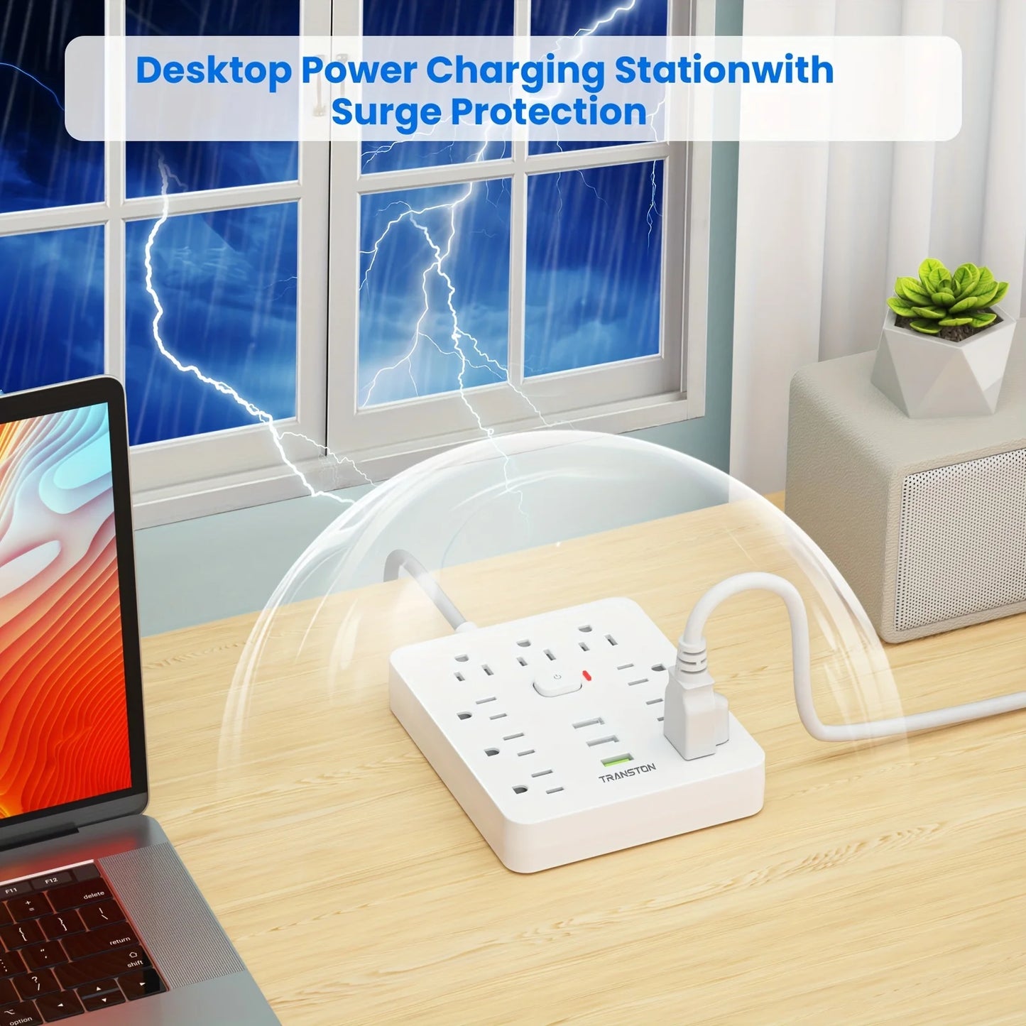 TRANSTON   Power strip with Surge Protector, 9 power strip   3 USB Ports,5ft Extension Cord, Quick Charge, For Home and Off