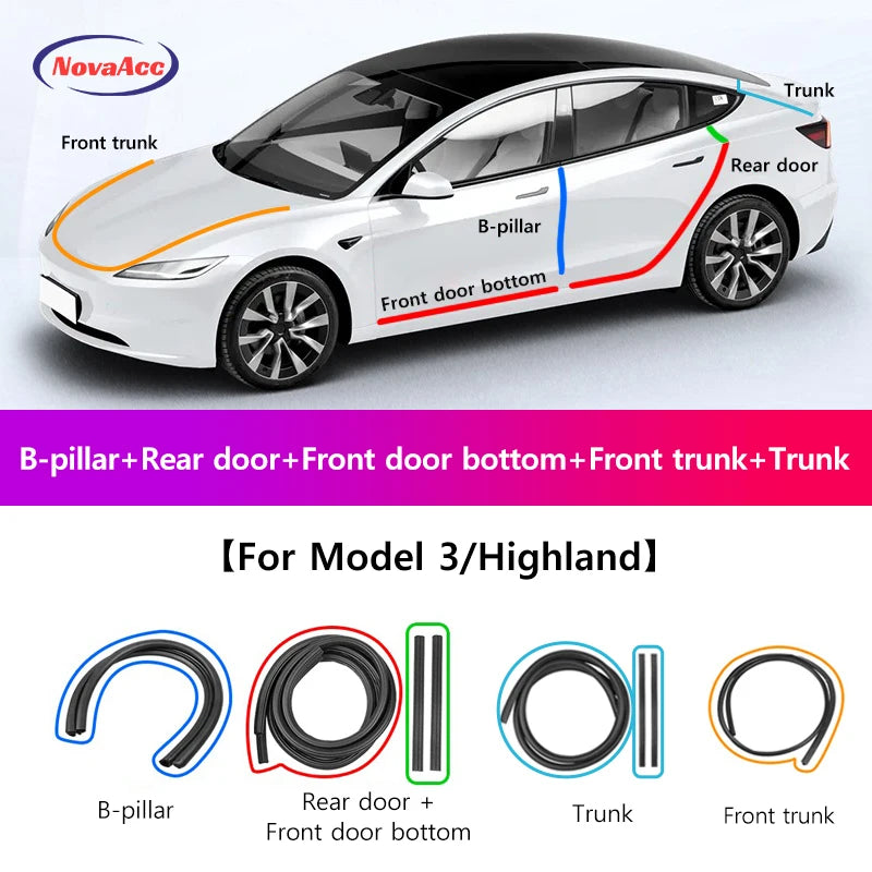 NovaAcc Noise Reduction Sealing Strip For Tesla Model Y 3 Front Rear Door Instrument Panel Trunk Waterproof Dustproof Rubber