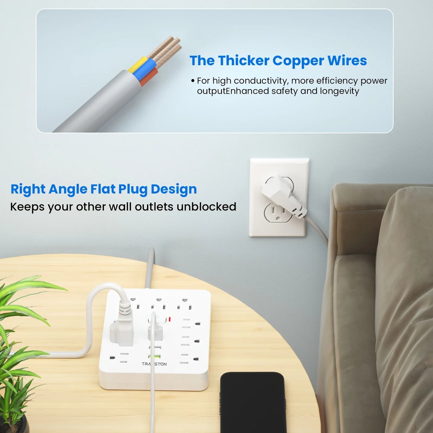 TRANSTON   Power strip with Surge Protector, 9 power strip   3 USB Ports,5ft Extension Cord, Quick Charge, For Home and Off