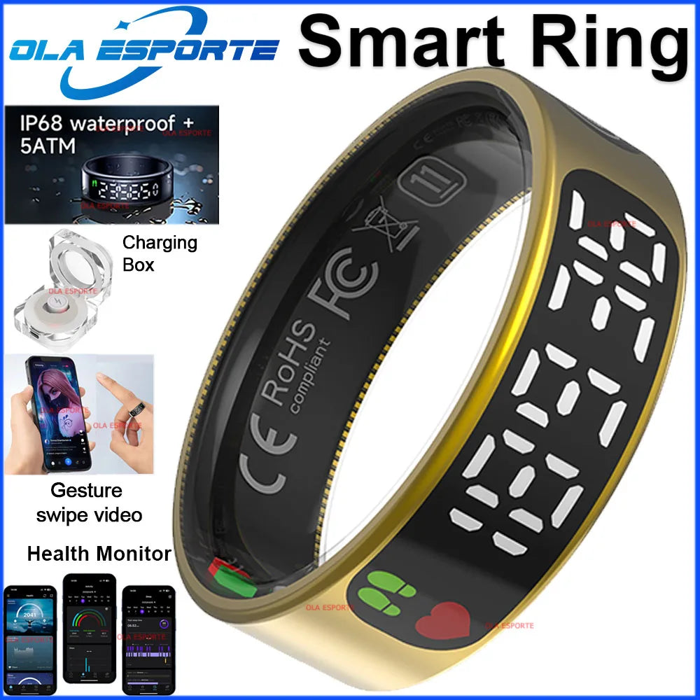 2026 Smart Ring Men Women LED Display Screen Heart Rate Blood Oxygen Monitor 5ATM Waterproof Multi Sports Mode Gifts For Android