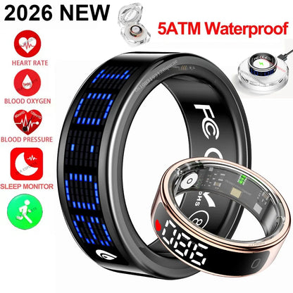 2026 Smart Ring Men Women LED Display Screen Heart Rate Blood Oxygen Monitor 5ATM Waterproof Multi Sports Mode Gifts For Android