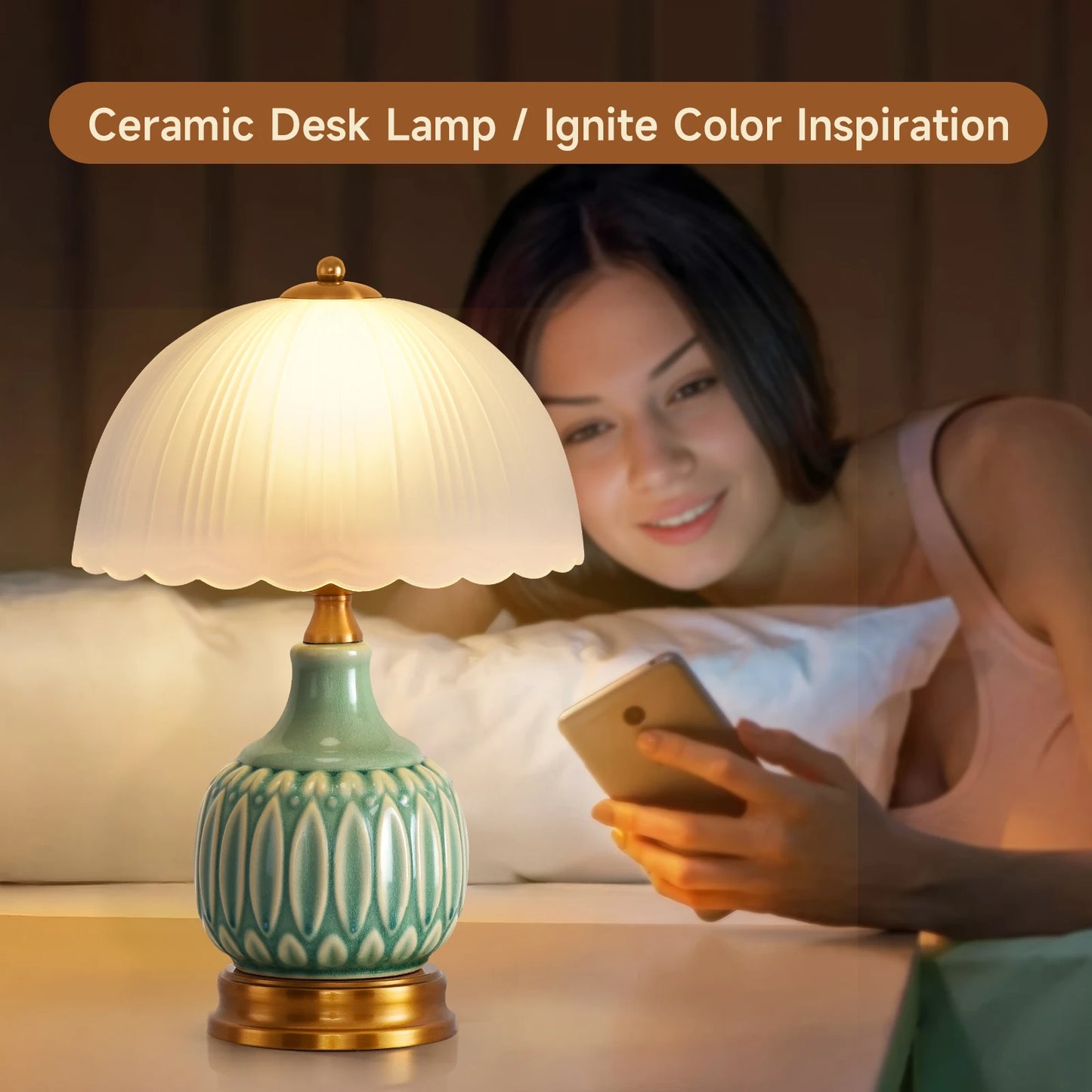 Vintage Lamp for Living Room,16" Modern Ceramic Table Lamps for Bedroom,Retro Bedside Nightstand Traditional Lamps,Classic Chino