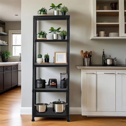 5-Layer Black Plastic Storage Rack Heavy Duty Adjustable Shelving Unit Sturdy Organizer for Home Kitchen Basement Garage Utility